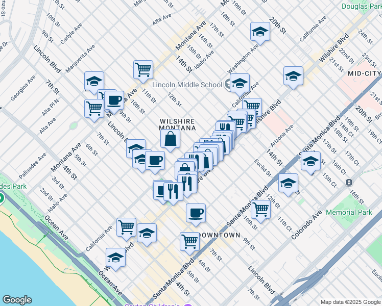 map of restaurants, bars, coffee shops, grocery stores, and more near 1118 10th Street in Santa Monica