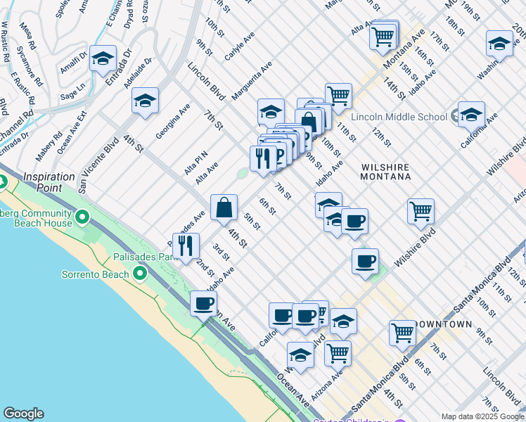 map of restaurants, bars, coffee shops, grocery stores, and more near 830 5th Street in Santa Monica
