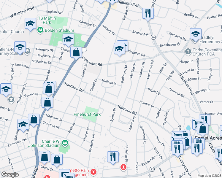map of restaurants, bars, coffee shops, grocery stores, and more near 2505 Treeside Drive in Columbia