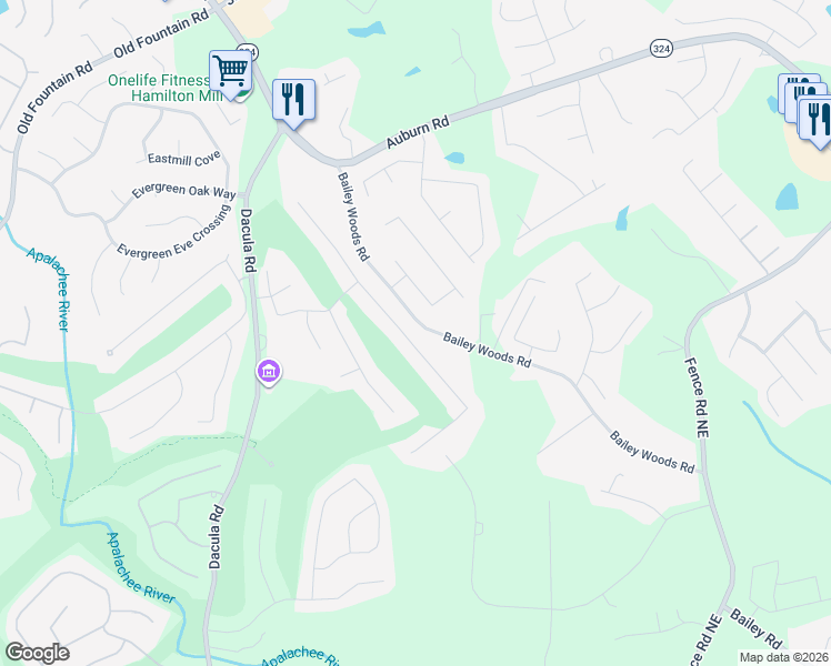 map of restaurants, bars, coffee shops, grocery stores, and more near 889 Pathview Court in Dacula