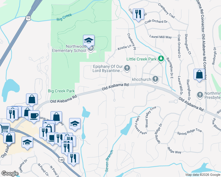 map of restaurants, bars, coffee shops, grocery stores, and more near 110 Stonewyck Place in Roswell