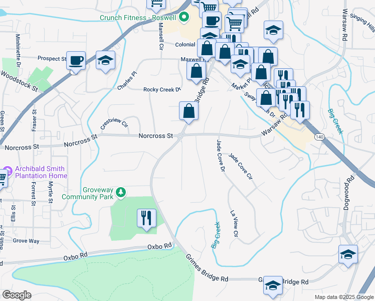 map of restaurants, bars, coffee shops, grocery stores, and more near 995 Melody Lane in Roswell