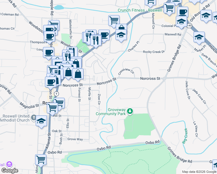 map of restaurants, bars, coffee shops, grocery stores, and more near 7315 Saint Charles Square in Roswell