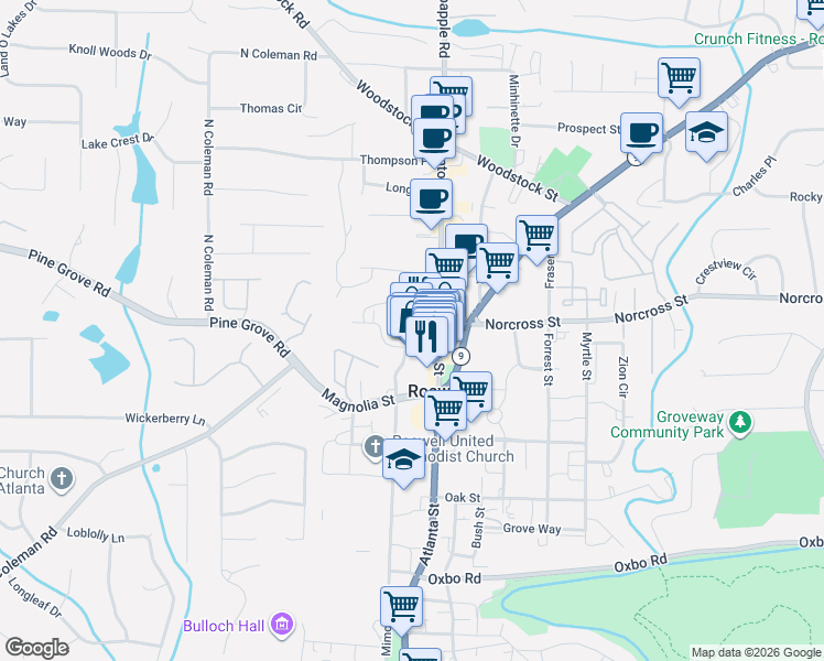 map of restaurants, bars, coffee shops, grocery stores, and more near 42 Webb Street in Roswell