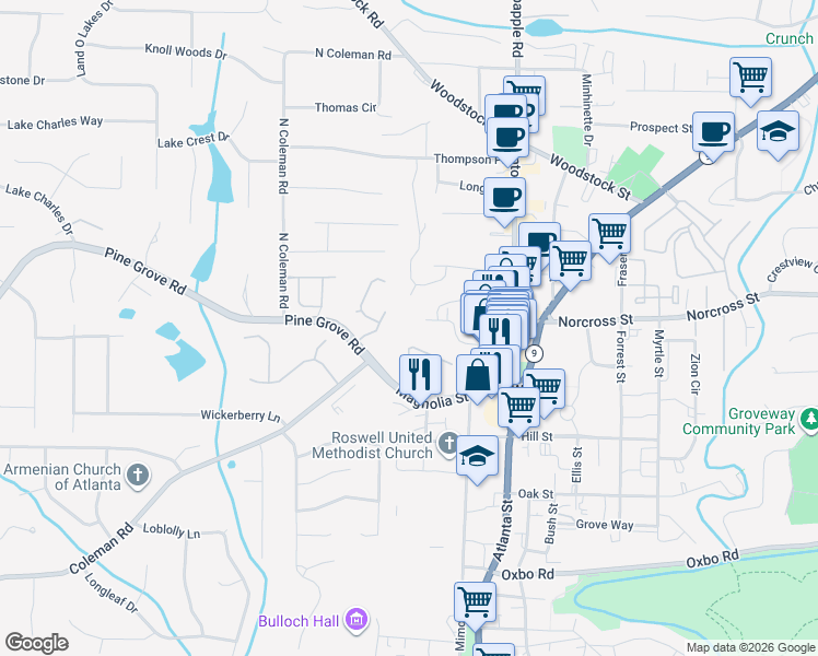 map of restaurants, bars, coffee shops, grocery stores, and more near 128 Webb Street in Roswell