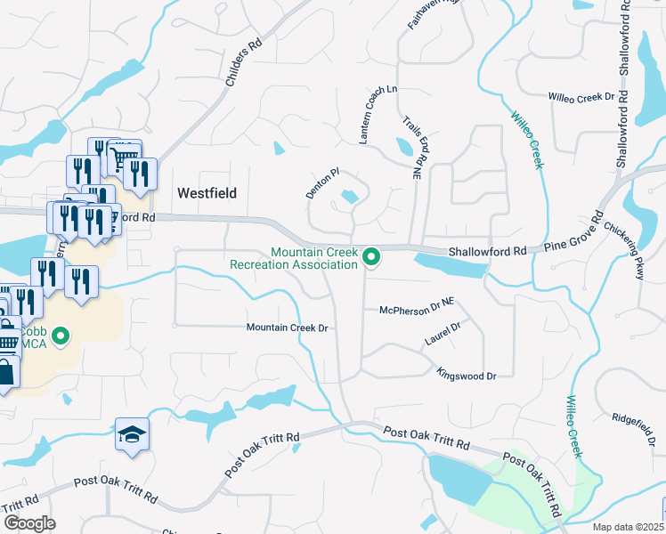 map of restaurants, bars, coffee shops, grocery stores, and more near 4790 Shallowford Road in Roswell
