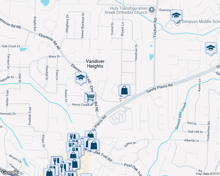 map of restaurants, bars, coffee shops, grocery stores, and more near 2195 Bryant Pointe Drive in Marietta
