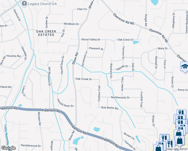 map of restaurants, bars, coffee shops, grocery stores, and more near 1495 Oak Creek Drive in Marietta