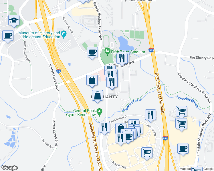map of restaurants, bars, coffee shops, grocery stores, and more near 2920 George Busbee Parkway Northwest in Kennesaw