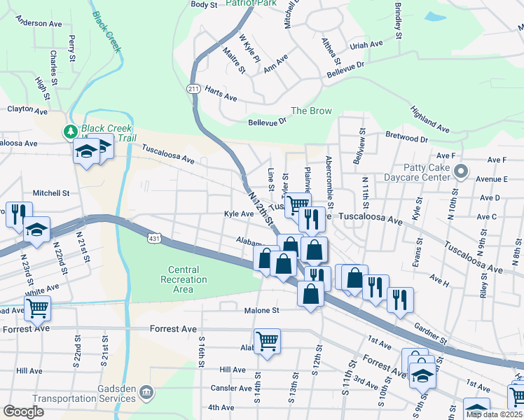 map of restaurants, bars, coffee shops, grocery stores, and more near 1202 Kyle Avenue in Gadsden