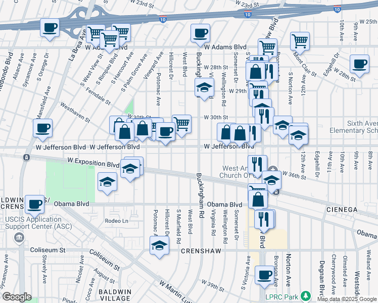 map of restaurants, bars, coffee shops, grocery stores, and more near 4120 West Jefferson Boulevard in Los Angeles