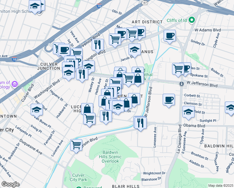 map of restaurants, bars, coffee shops, grocery stores, and more near 3560 Hayden Avenue in Culver City
