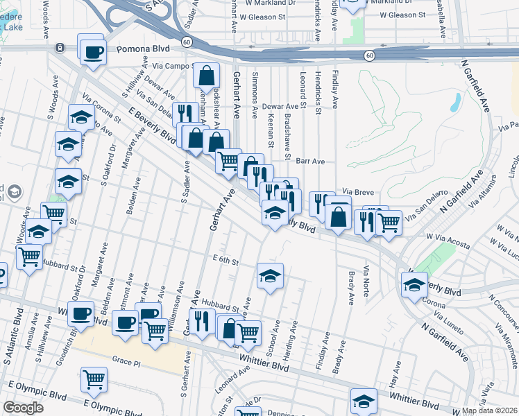 map of restaurants, bars, coffee shops, grocery stores, and more near 3527 West Beverly Boulevard in Montebello