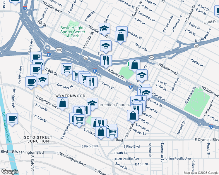 map of restaurants, bars, coffee shops, grocery stores, and more near 1129 South Fresno Street in Los Angeles
