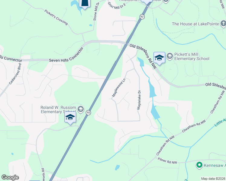 map of restaurants, bars, coffee shops, grocery stores, and more near 258 Maplewood Ln in Acworth