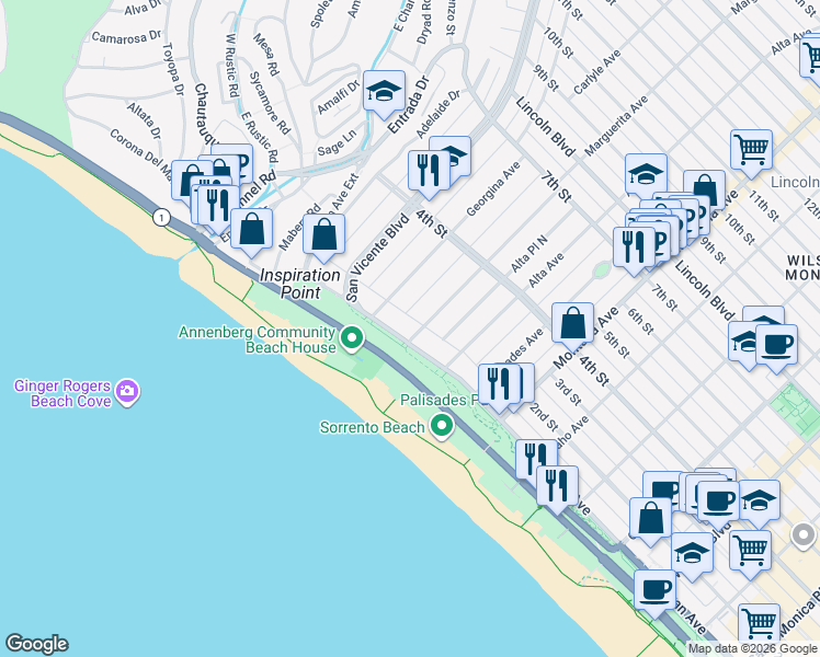 map of restaurants, bars, coffee shops, grocery stores, and more near 433 Ocean Avenue in Santa Monica