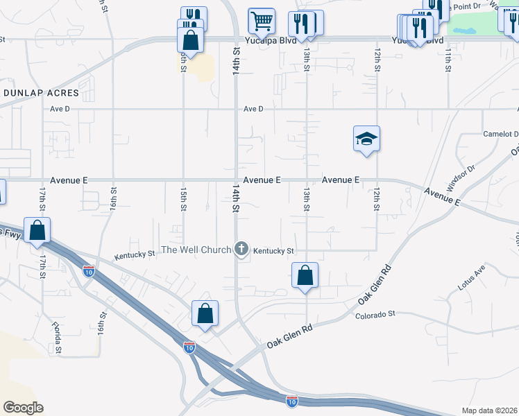 map of restaurants, bars, coffee shops, grocery stores, and more near 12609 14th Street in Yucaipa