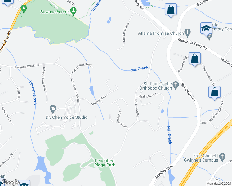 map of restaurants, bars, coffee shops, grocery stores, and more near 1201 Hiddenbrook Lane in Suwanee