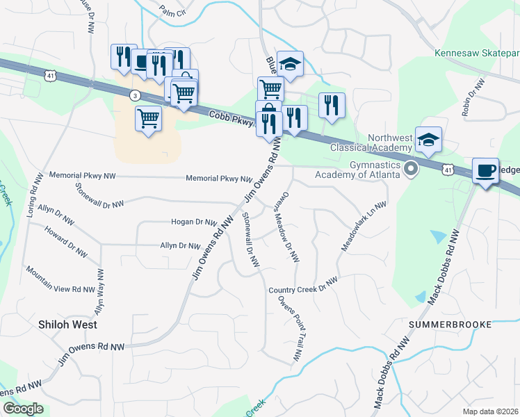 map of restaurants, bars, coffee shops, grocery stores, and more near 3441 Summerchase Drive Northwest in Kennesaw