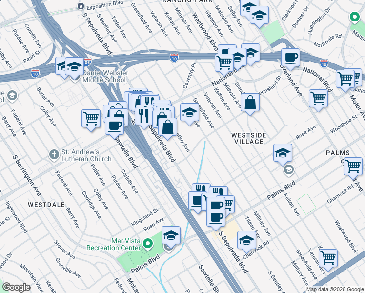 map of restaurants, bars, coffee shops, grocery stores, and more near 3169 South Bentley Avenue in Los Angeles