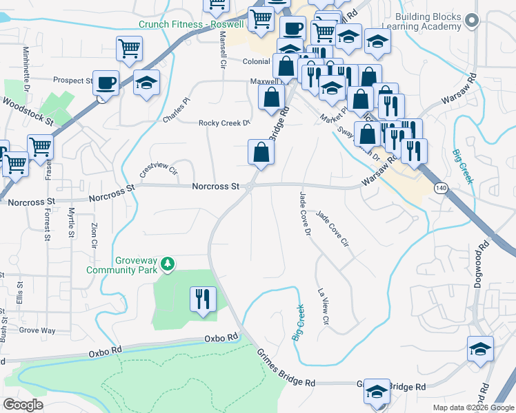 map of restaurants, bars, coffee shops, grocery stores, and more near 995 Melody Lane in Roswell