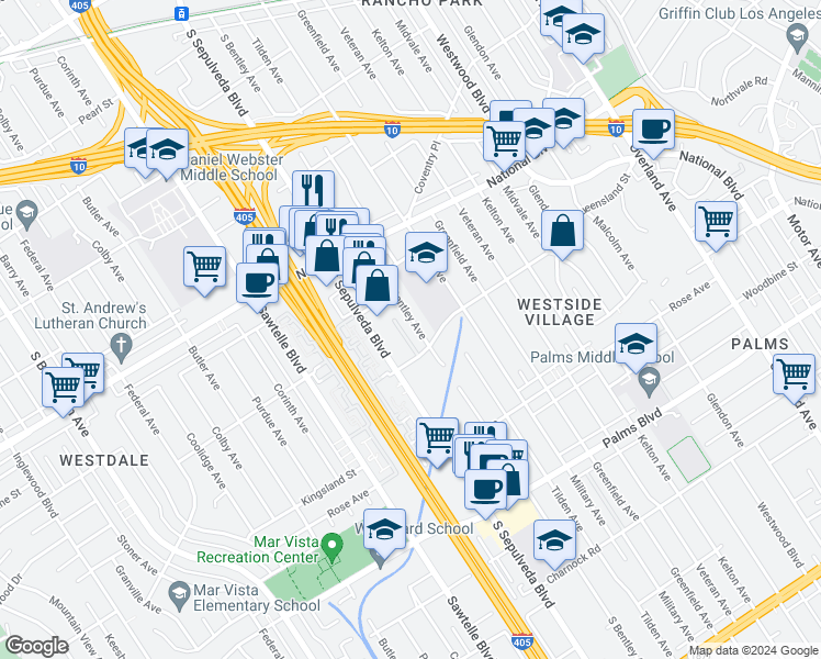 map of restaurants, bars, coffee shops, grocery stores, and more near 3169 South Bentley Avenue in Los Angeles