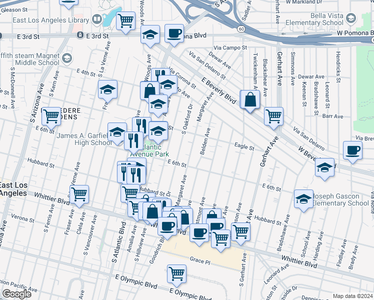 map of restaurants, bars, coffee shops, grocery stores, and more near 533 Margaret Avenue in East Los Angeles