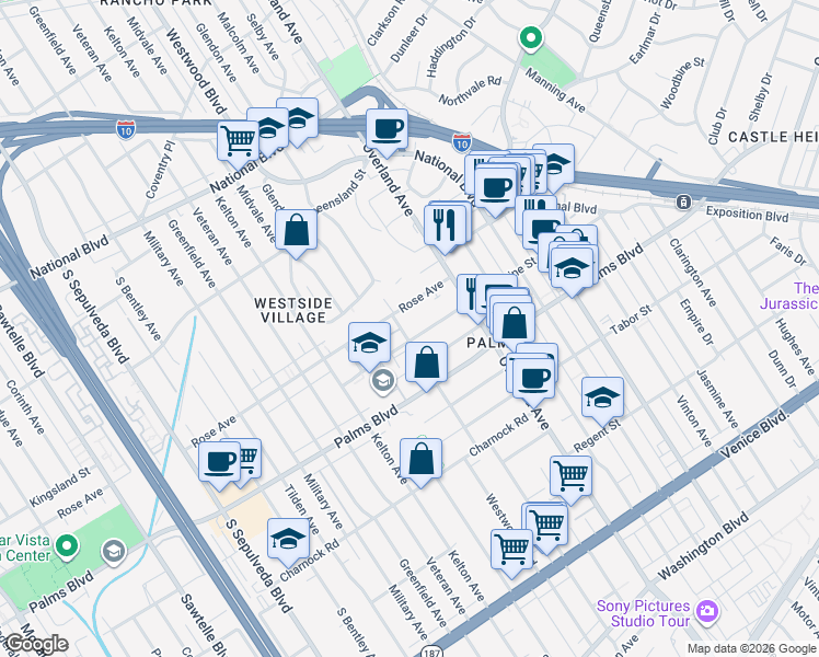 map of restaurants, bars, coffee shops, grocery stores, and more near 3406 Glendon Avenue in Los Angeles