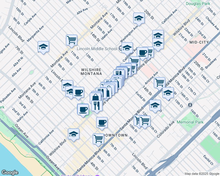 map of restaurants, bars, coffee shops, grocery stores, and more near 1137 11th Street in Santa Monica