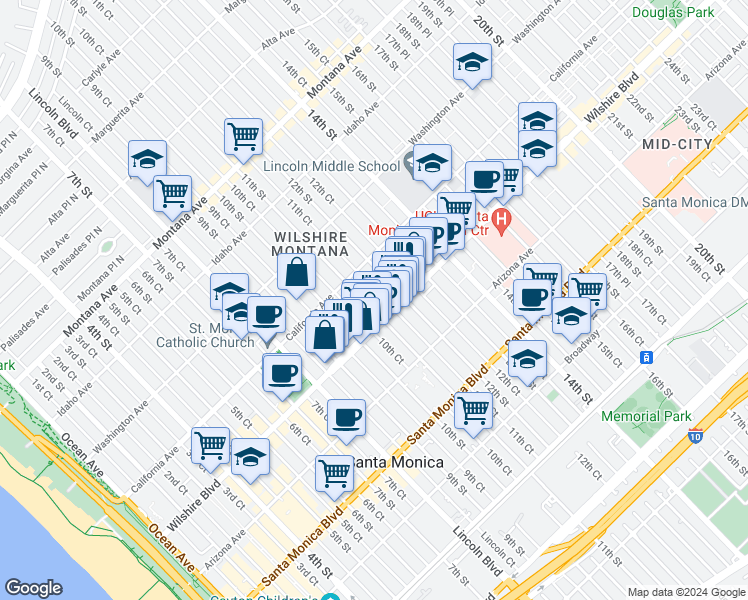 map of restaurants, bars, coffee shops, grocery stores, and more near 1137 11th Street in Santa Monica