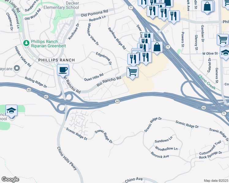 map of restaurants, bars, coffee shops, grocery stores, and more near 22 Country Mile Road in Pomona