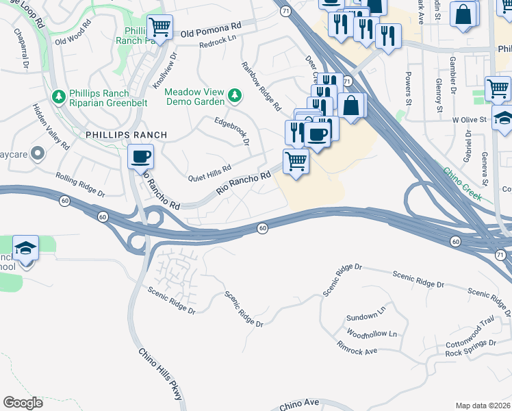 map of restaurants, bars, coffee shops, grocery stores, and more near 22 Country Mile Road in Pomona