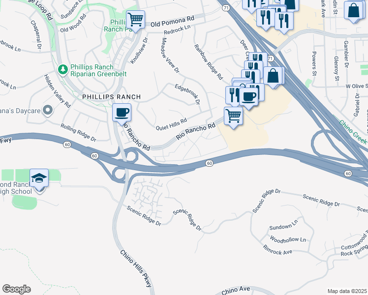 map of restaurants, bars, coffee shops, grocery stores, and more near 61 Brownfield Lane in Pomona