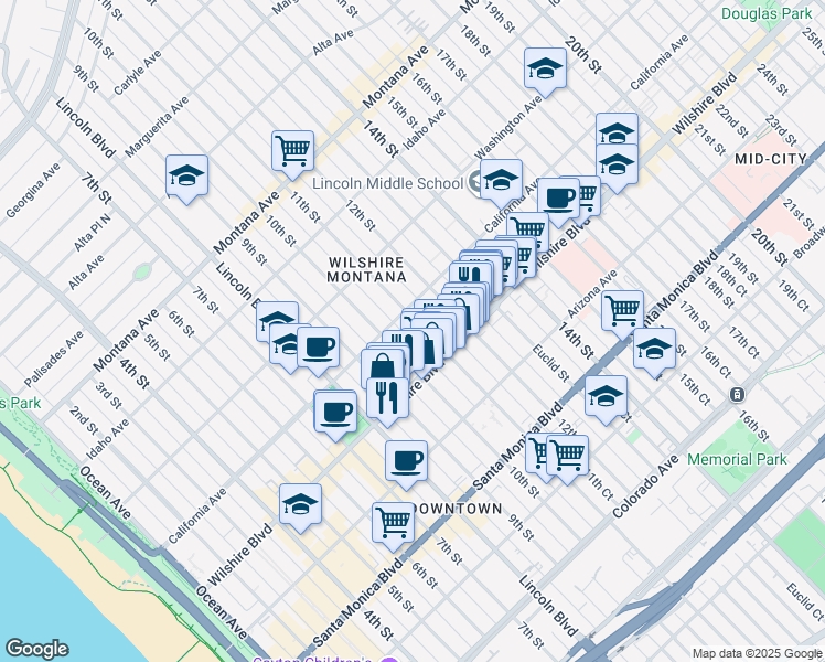 map of restaurants, bars, coffee shops, grocery stores, and more near 1118 11th Street in Santa Monica