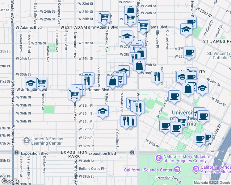 map of restaurants, bars, coffee shops, grocery stores, and more near 3430 Walton Avenue in Los Angeles