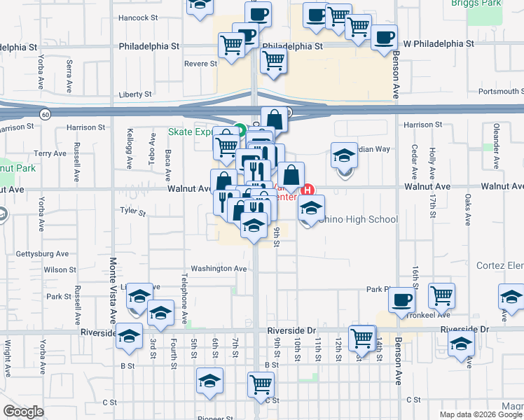 map of restaurants, bars, coffee shops, grocery stores, and more near 12555 Central Avenue in Chino