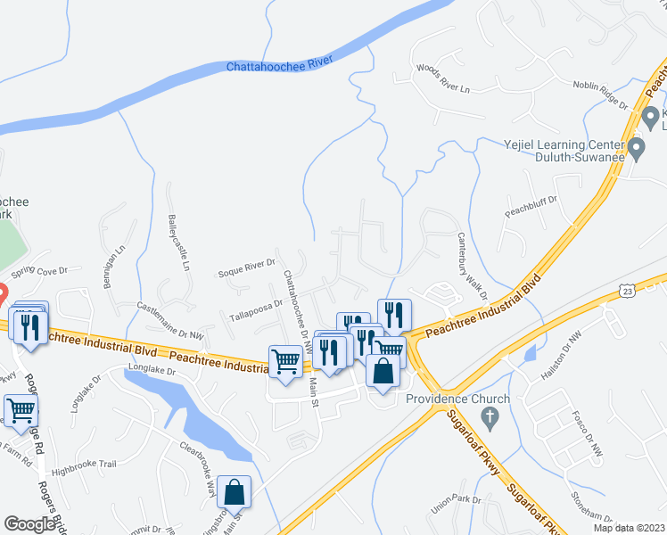 map of restaurants, bars, coffee shops, grocery stores, and more near 2137 Tallapoosa Drive in Duluth