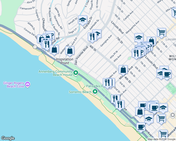 map of restaurants, bars, coffee shops, grocery stores, and more near 433 Ocean Avenue in Santa Monica