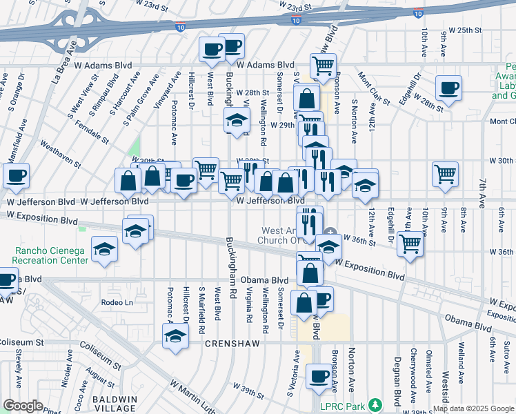 map of restaurants, bars, coffee shops, grocery stores, and more near 3437 Virginia Road in Los Angeles