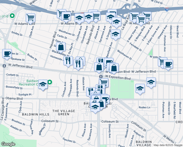 map of restaurants, bars, coffee shops, grocery stores, and more near 3427 South Sycamore Avenue in Los Angeles
