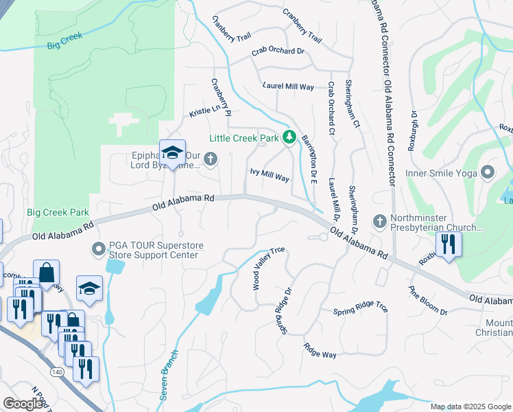 map of restaurants, bars, coffee shops, grocery stores, and more near 525 Forest Place in Roswell