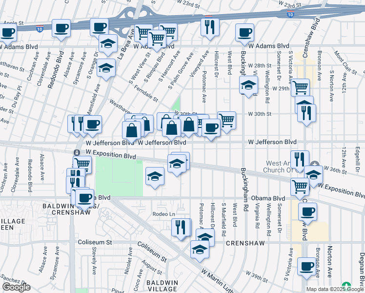 map of restaurants, bars, coffee shops, grocery stores, and more near 4511 West Exposition Boulevard in Los Angeles
