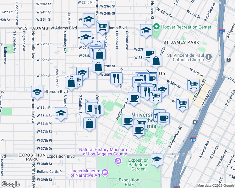 map of restaurants, bars, coffee shops, grocery stores, and more near 1031 West 34th Street in Los Angeles