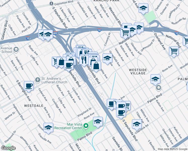map of restaurants, bars, coffee shops, grocery stores, and more near 3175 South Sepulveda Boulevard in Los Angeles