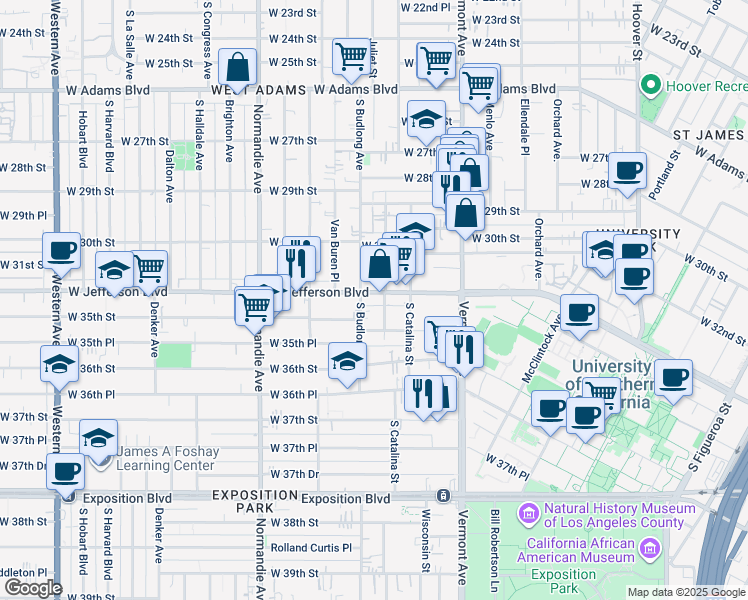 map of restaurants, bars, coffee shops, grocery stores, and more near 1424 West Jefferson Boulevard in Los Angeles