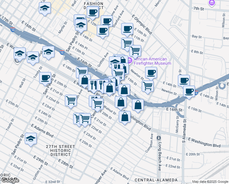 map of restaurants, bars, coffee shops, grocery stores, and more near 1319 East Washington Boulevard in Los Angeles