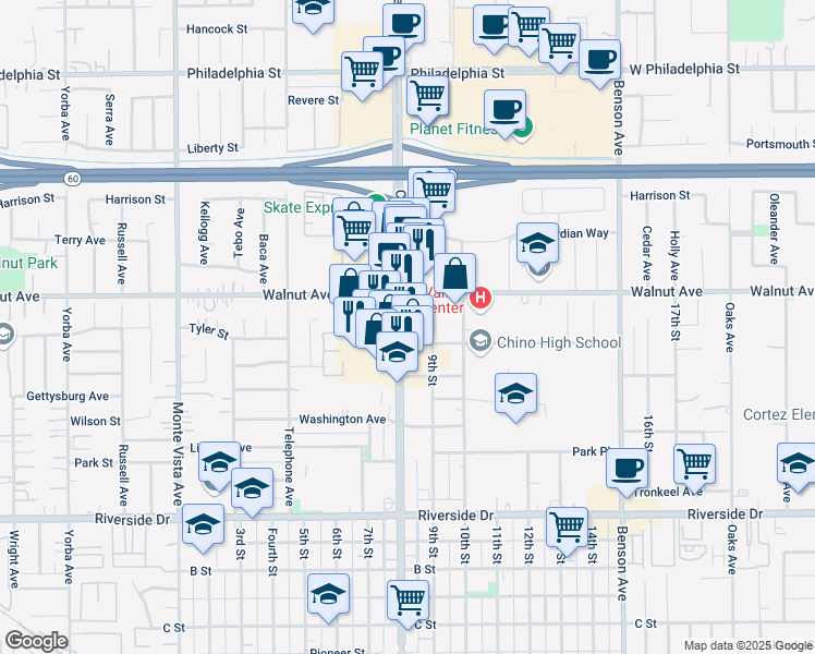 map of restaurants, bars, coffee shops, grocery stores, and more near 12605 Central Avenue in Chino