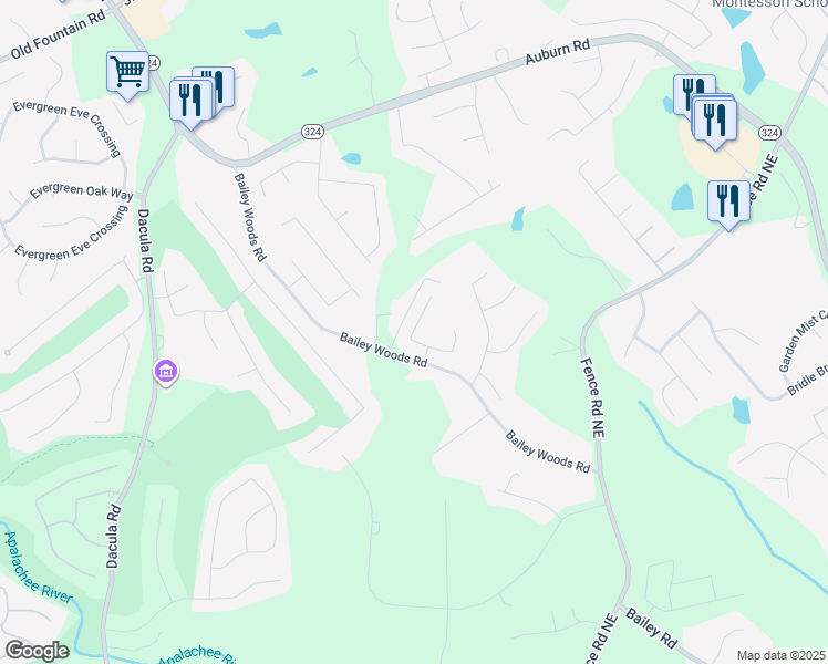 map of restaurants, bars, coffee shops, grocery stores, and more near Overlook Hill Pass in Dacula