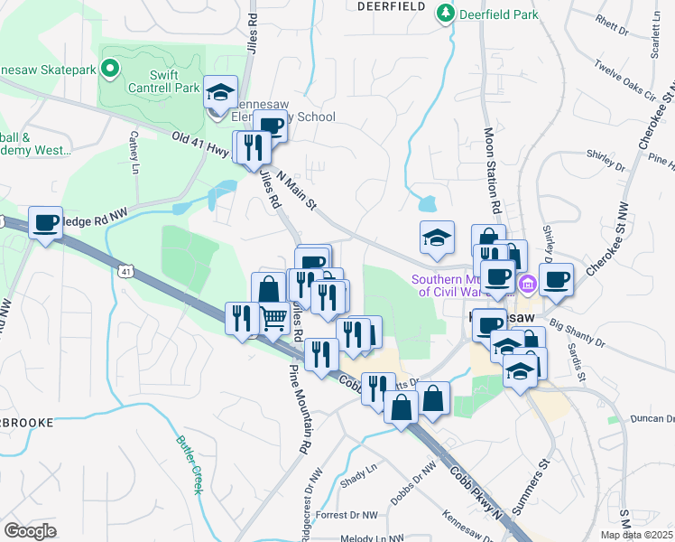 map of restaurants, bars, coffee shops, grocery stores, and more near 2804 Dominion Lane in Kennesaw