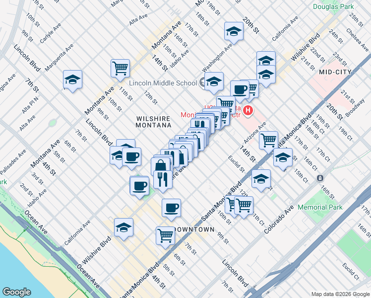 map of restaurants, bars, coffee shops, grocery stores, and more near 1025 Wilshire Boulevard in Santa Monica